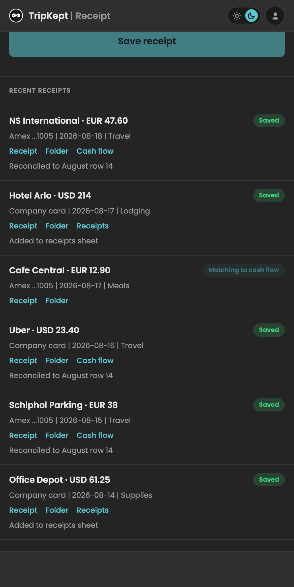 TripKept receipt scanner: receipts with vendor, amount, category and links to the filed receipt and cash-flow sheet